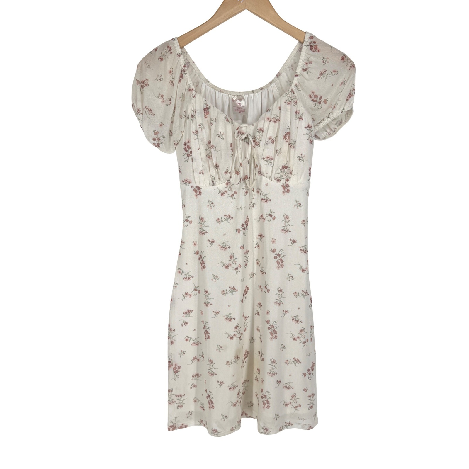 No Boundaries Milkmaid Y2k Floral Babydoll Mini Dress Puff Sleeve Tie Mesh Small